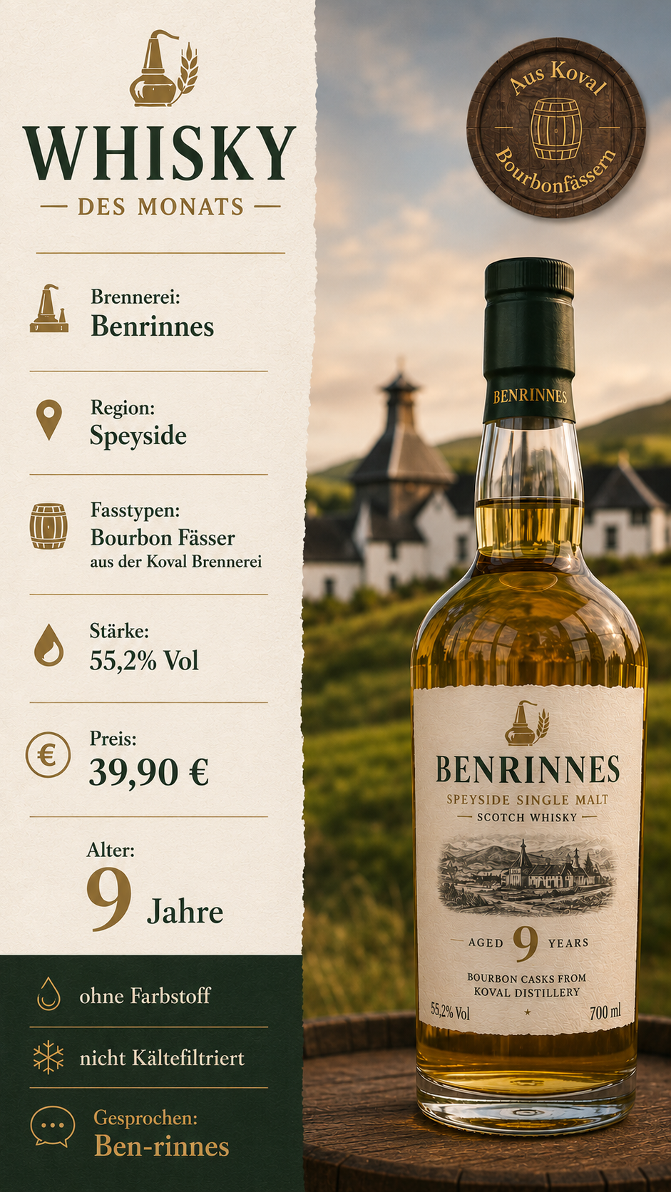 Benrinnes 9 Jahre – Speyside Single Malt Whisky | 55,2 % Vol. | 700 ml | Whisky des Monats