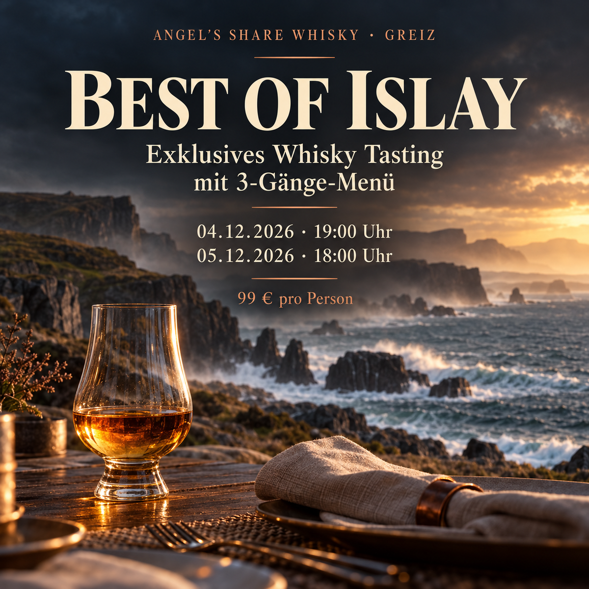 Best of Islay Whisky Tasting mit 3-Gänge-Menü in Greiz – 4. Dezember 2026 um 19 Uhr oder 5. Dezember 2026 um 18 Uhr