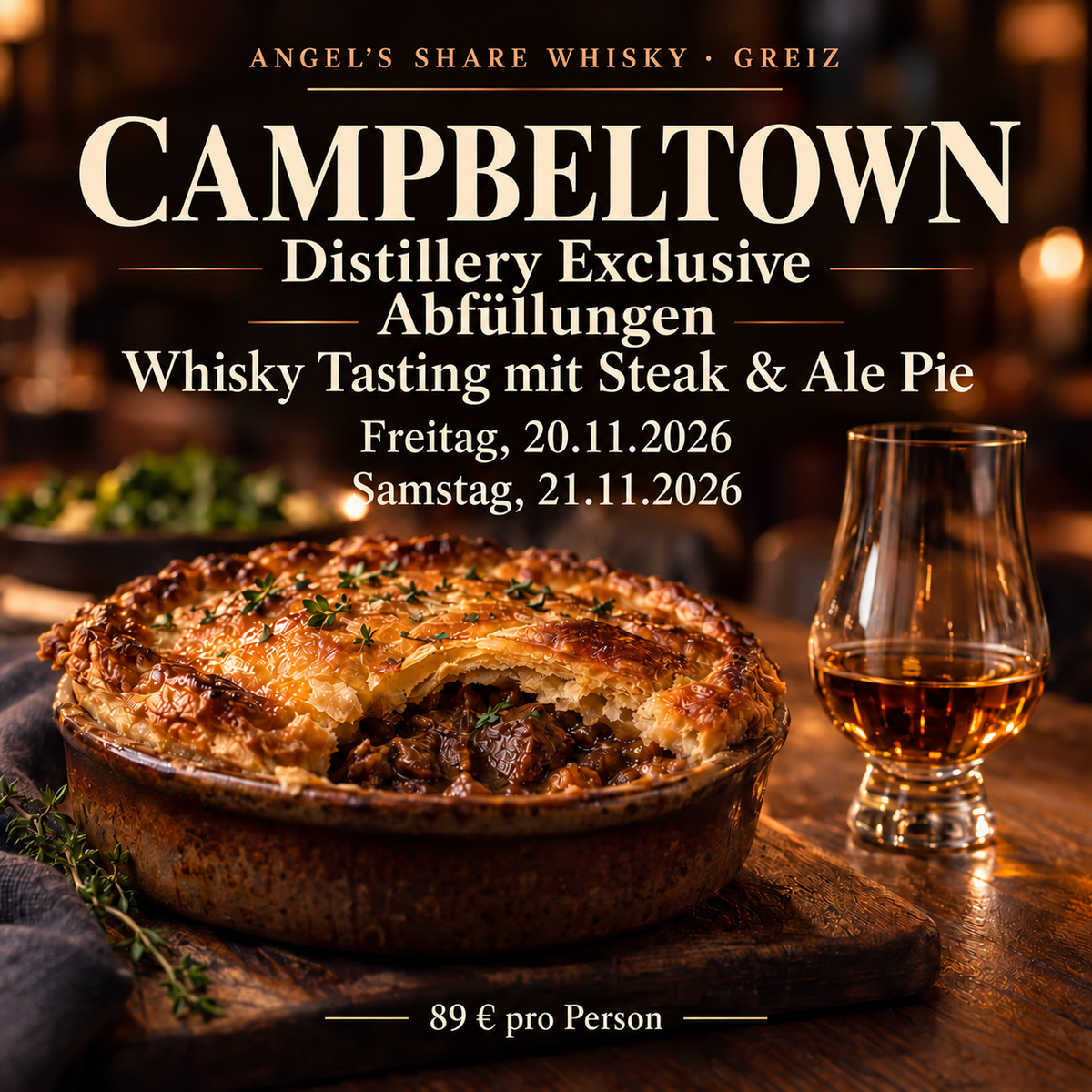 Campbeltown Distillery Exclusive Abfüllungen – Whisky Tasting mit Steak & Ale Pie in Greiz am 20. und 21. November 2026, 89 € pro Person
