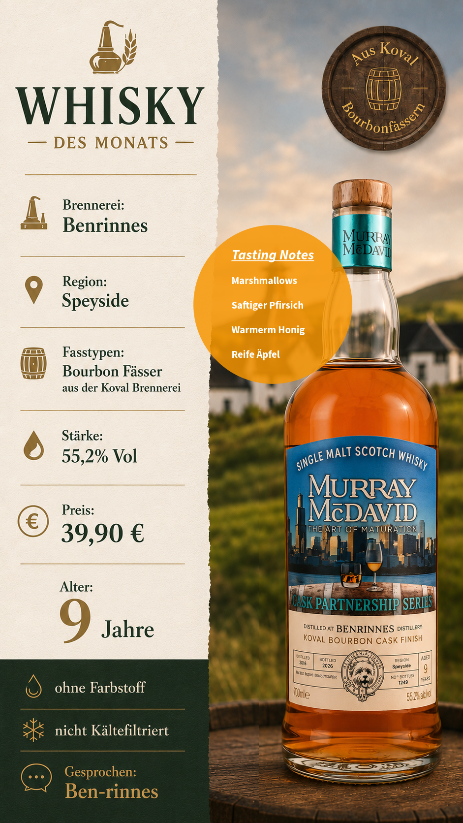 Benrinnes 9 Jahre – Speyside Single Malt Whisky | 55,2 % Vol. | 700 ml | Whisky des Monats